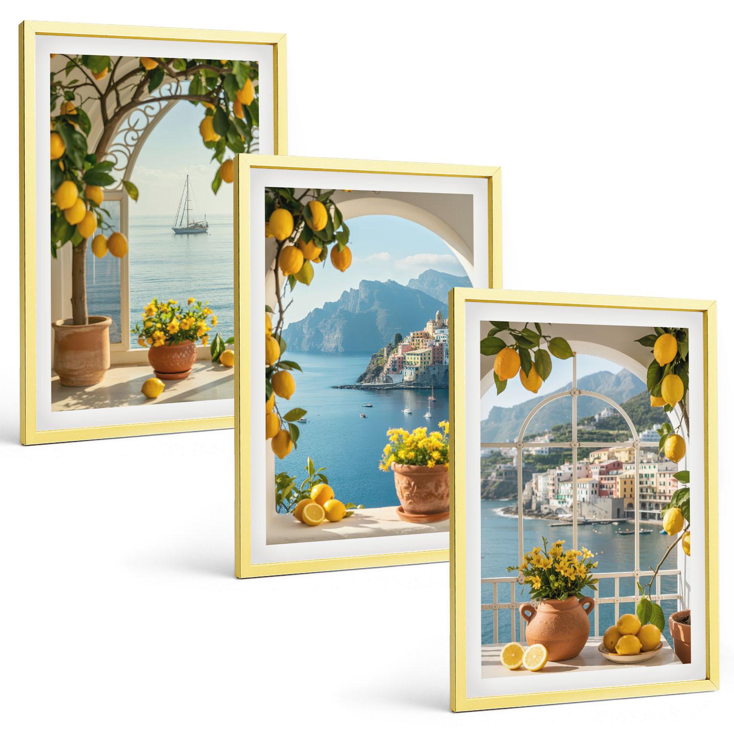 BILDER SET 3er Set - 40x60 cm Goldrahmen - Zitronenblumen aus der Küstenstadt - Goldfarben, Kunststoff (40/60cm) - TULUP