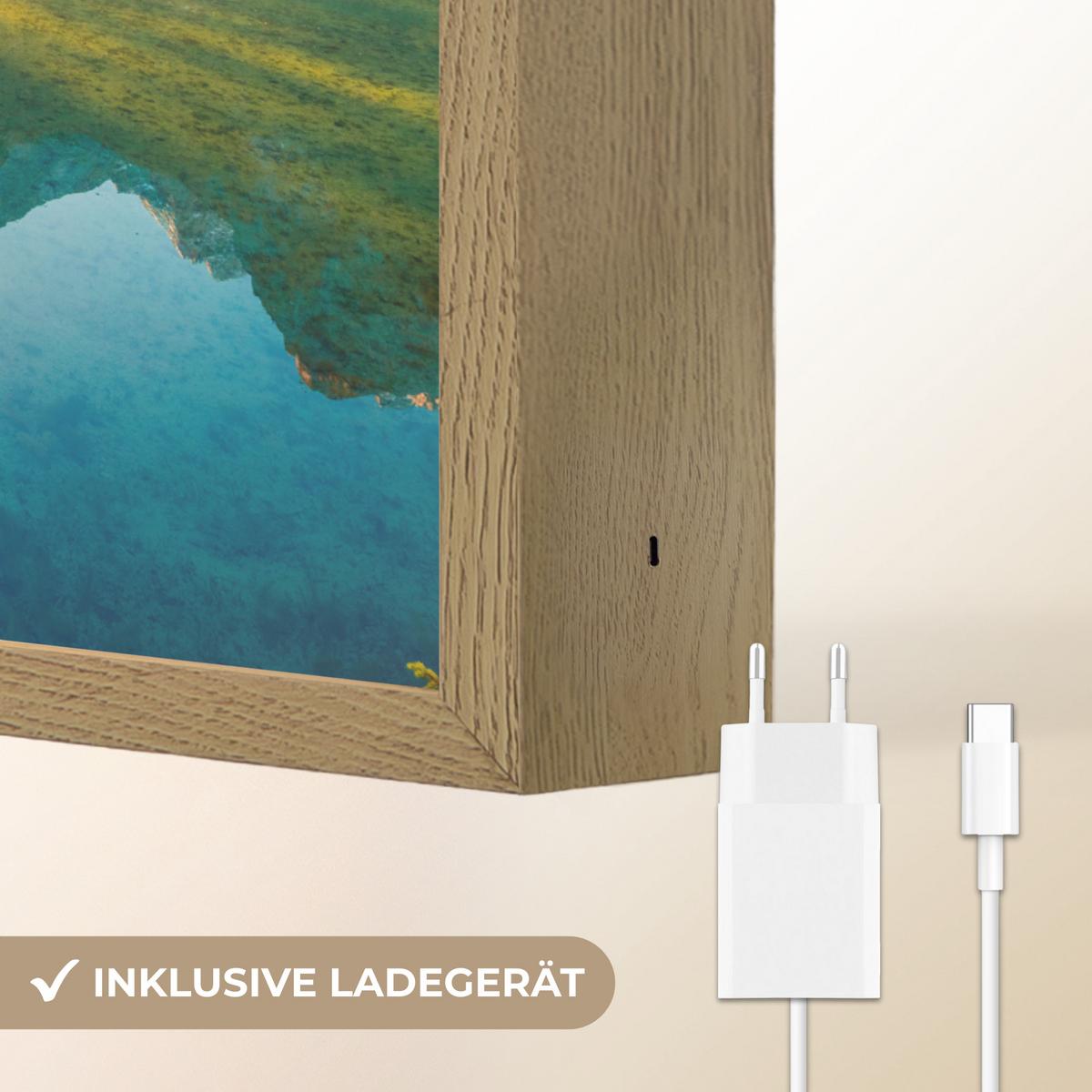 WANDLEUCHTE MIT AKKU See - Wald - Berge - Natur - Sonne - Landschaft 30x40 cm - Grün, Holzwerkstoff (30/40/8cm) - OnlyWow
