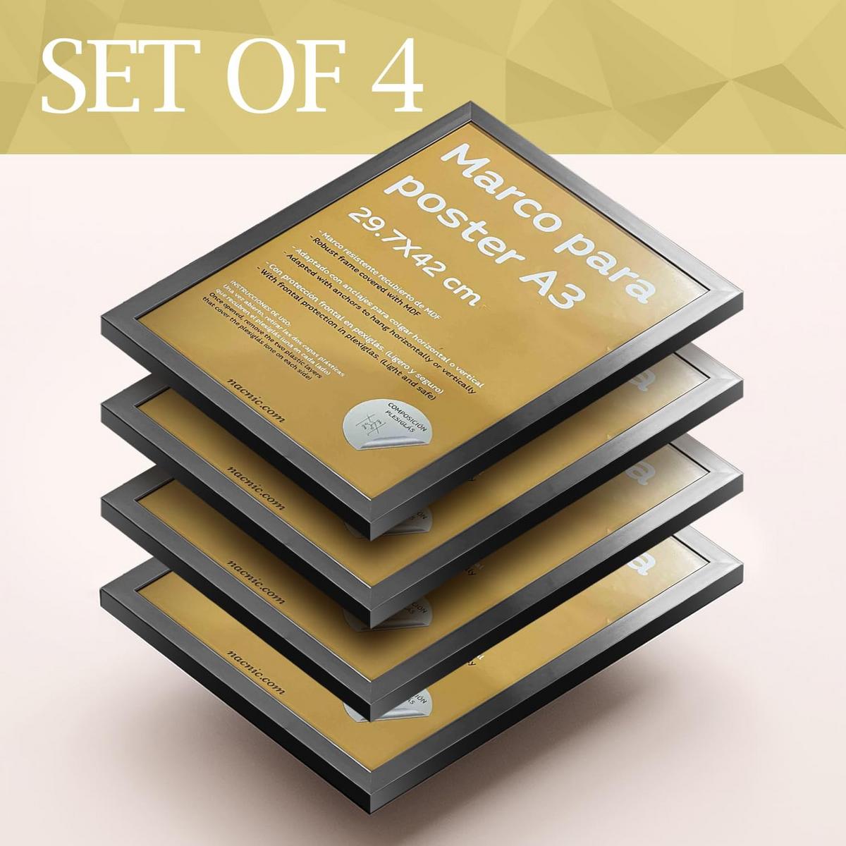 RAHMEN Set mit 4 aus MDF und Acrylglas Schutz und Aussteller für Fotografien, Bilder, Poster, Gemälde, Dekoration für Haus Farbe Hellholz A3 - Beige, Holz (29.7/3cm) - Nacnic