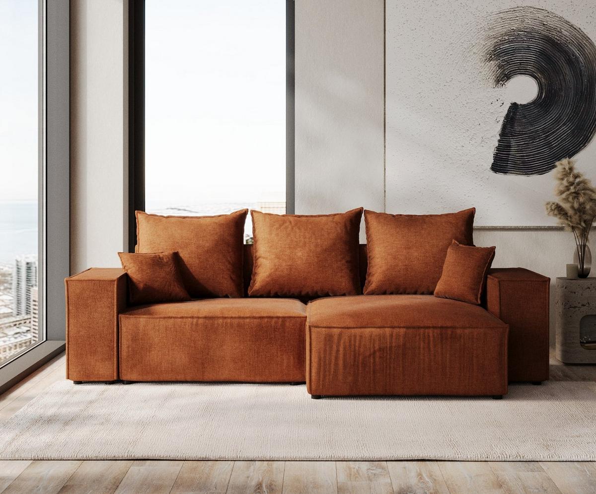 ECKSOFA SENSO mit Schlaffunktion Kupfer im Wind Stoff - Schwarz/Kupferfarben, Holz/Holzwerkstoff (255/148cm) - AltaBeds