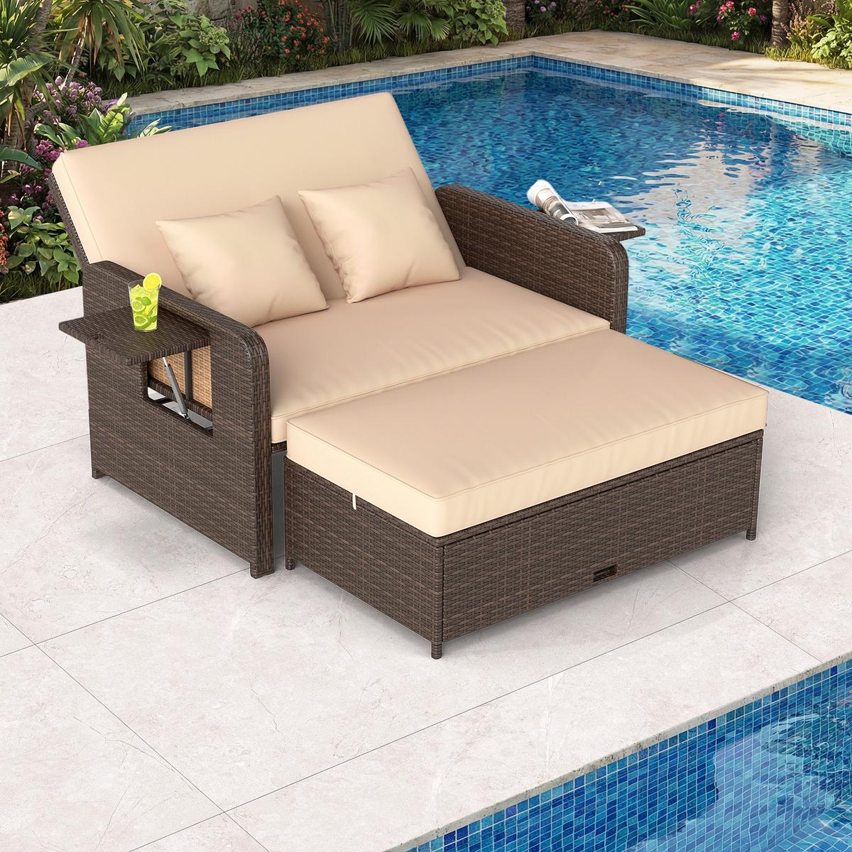 SONNENLIEGE mit Hocker und Stauraum braun - Braun, Metall (166/55/111cm) - COSTWAY