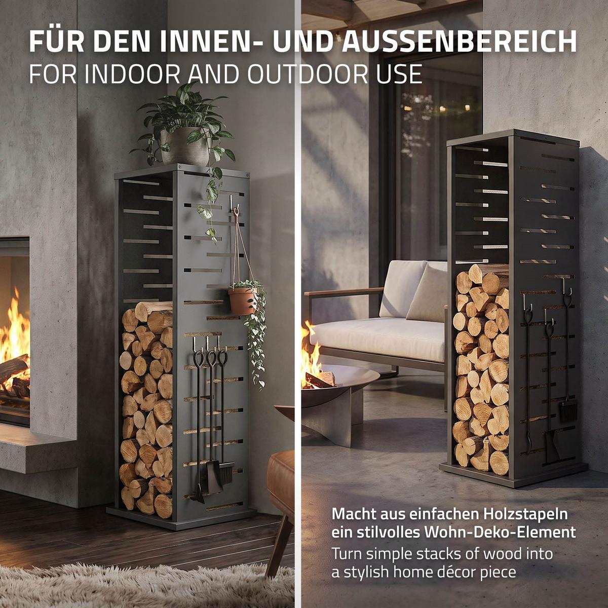 KAMINHOLZREGAL Innen Außen Brennholzregal 37,5x37,5x112 cm Stahl Verzinkt Anthrazit Gitter-Motiv - Anthrazit, Metall (37.5/112/37.5cm) - ML-DESIGN
