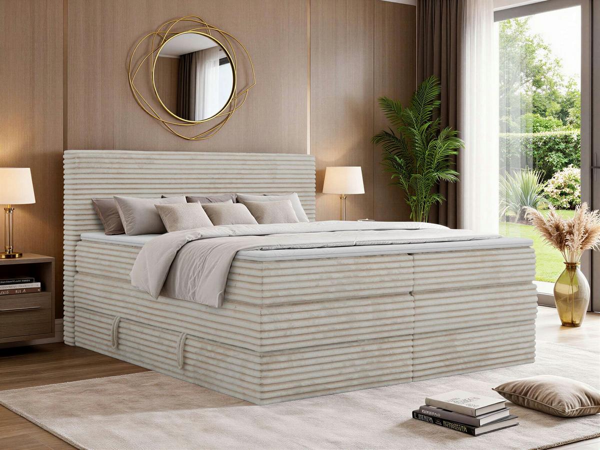 BOXSPRINGBETT TILION KING 200/200 - Beige Cord - Topper Visco - H3 - Beige/Schwarz, Kunststoff/Textil (200/200cm) - MKS