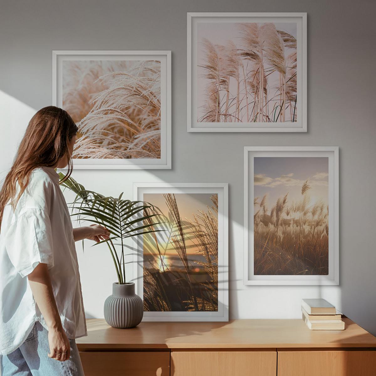 BILDER SET 4er Set - 50x50 cm & 40x60 cm Weißer Rahmen - Boho-Grasfeld-Sonnenuntergang - Weiß, Kunststoff (50/50cm) - TULUP
