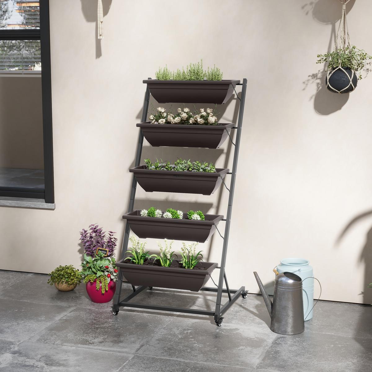 BLUMENTREPPE mit Rollen Braun 65/67/145 cm - Braun, Metall (67/145/65cm) - Outsunny