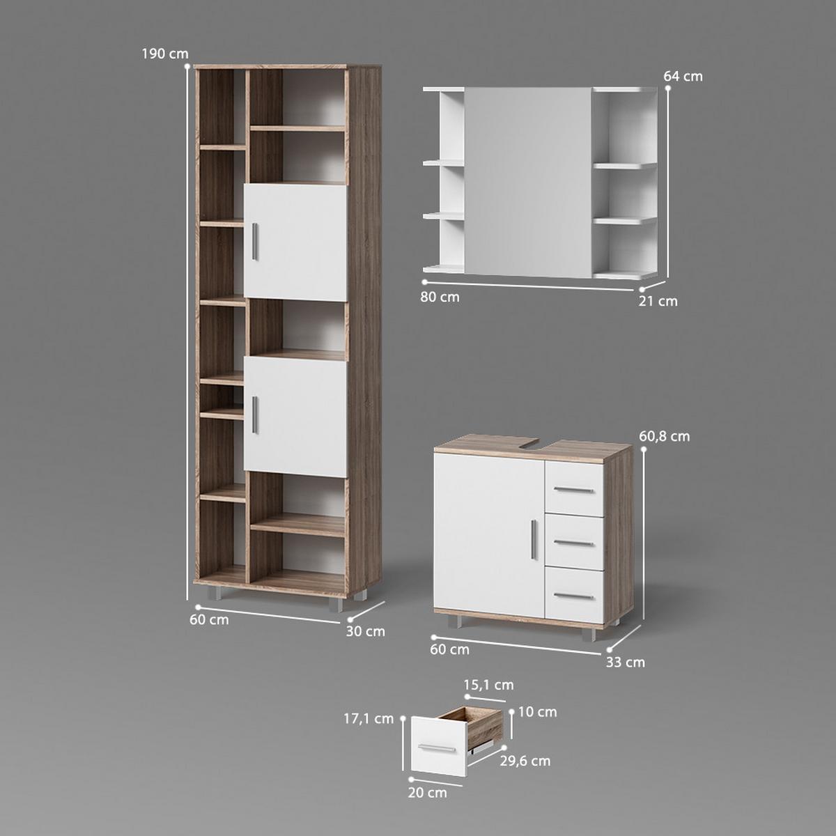 BADMÖBEL-SET Eisak Sonoma 3 Teile, mit Hochschrank - Sonoma Eiche, Holzwerkstoff (60/60/33cm) - Livinity®
