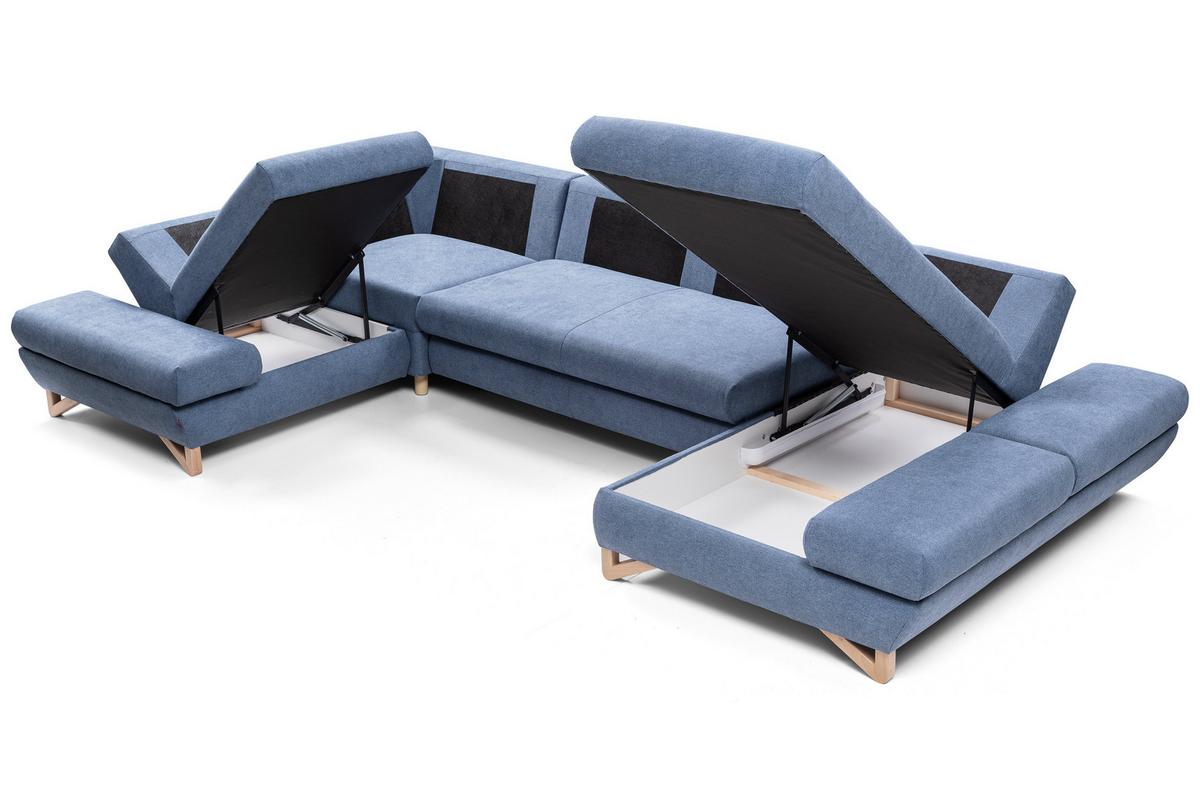 WOHNLANDSCHAFT CASA IV L-S Blau Plüsch-Stoff mit Schlaffunktion - Blau, Holz (344/100/199cm) - MASSENO