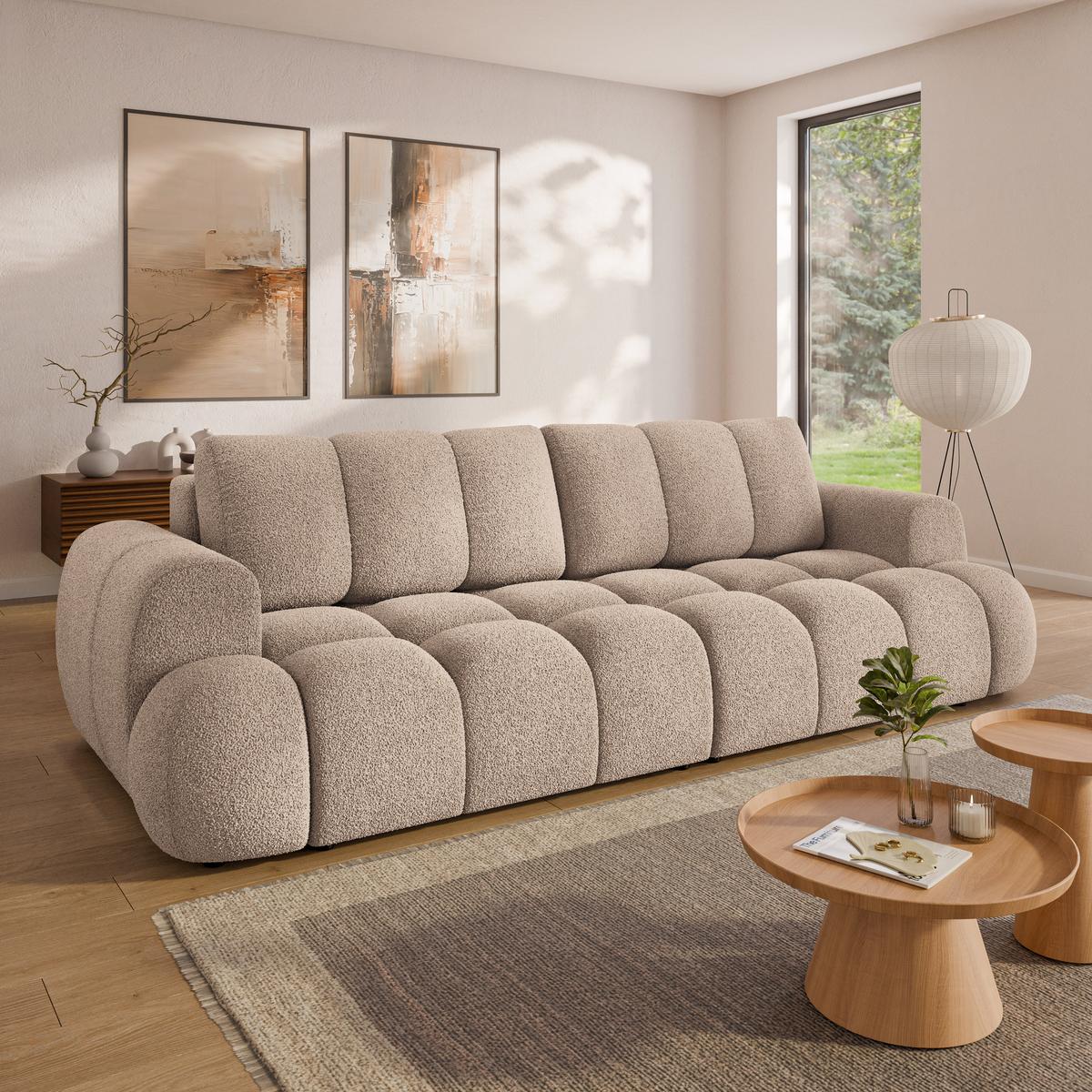 BETTSOFA DAFNE Beige Bucle-Stoff mit Schlaffunktion - Beige, Textil (300/88/113cm) - MASSENO