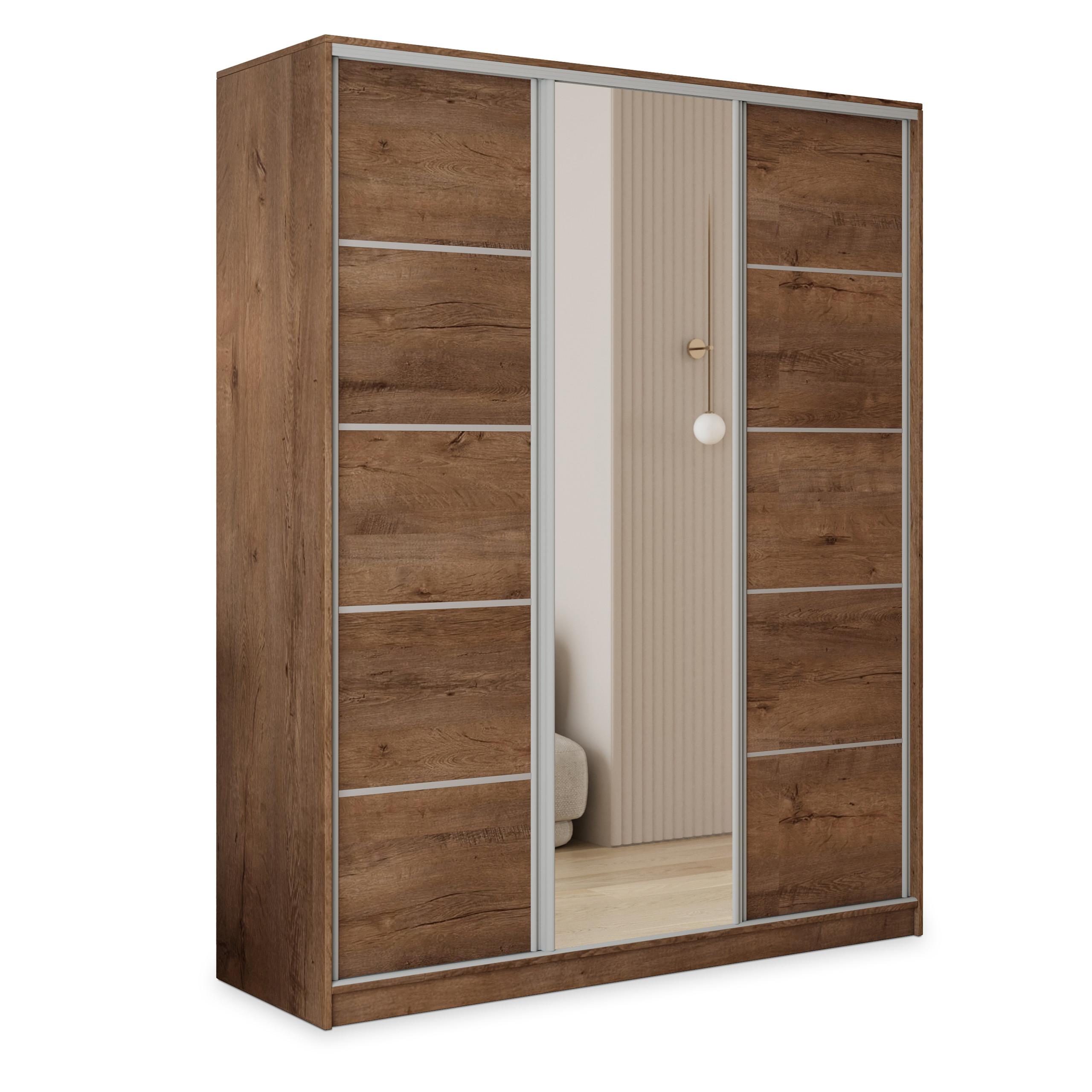 SCHWEBETÜRENSCHRANK PINA 150/205/58 cm 3-türig mit Spiegel und Schubladen Eiche Lefkas - Eichefarben/Silberfarben, Holzwerkstoff (150/205/58cm) - MASSENO