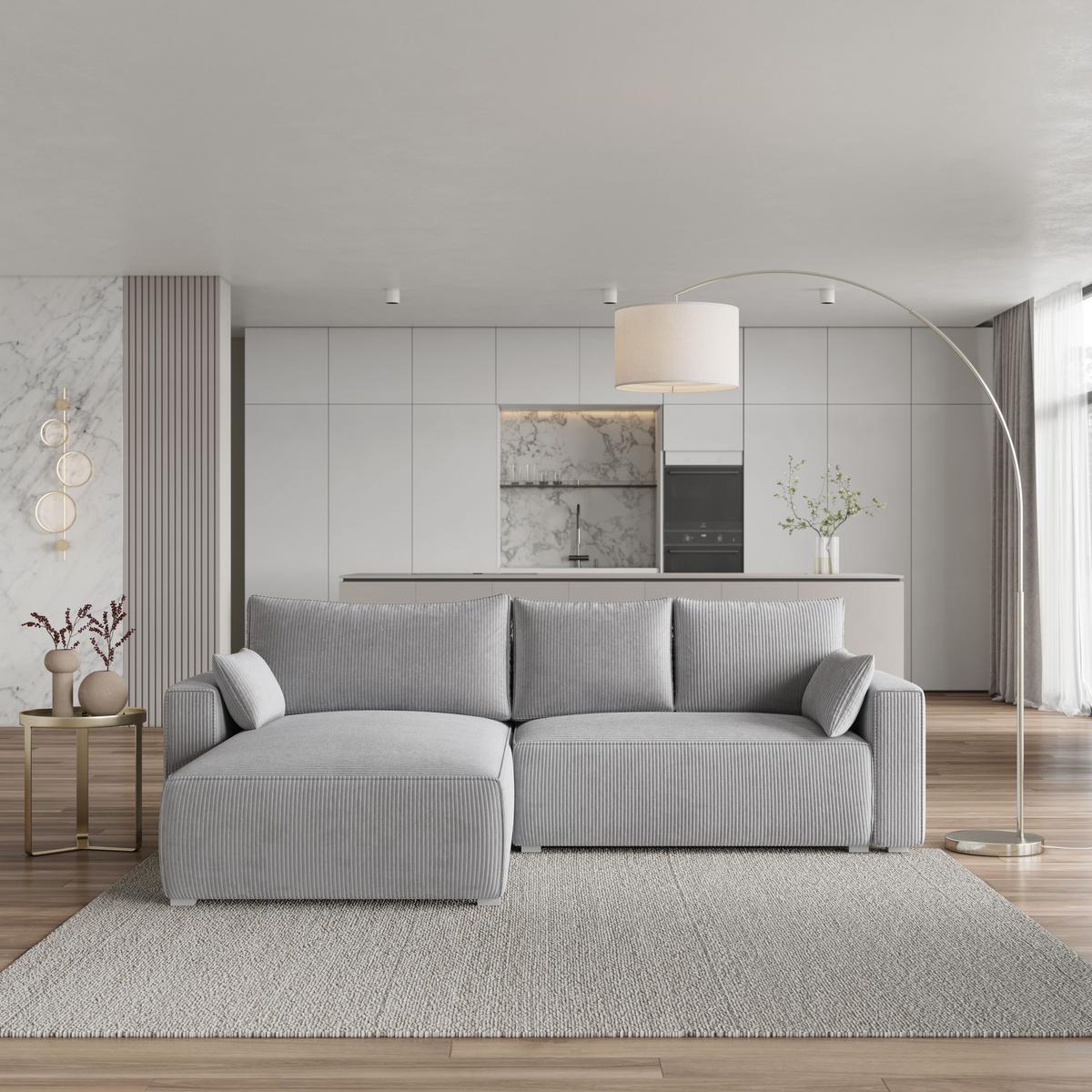 ECKSOFA FORIL P Hellgrau Kordstoff mit Schlaffunktion - Hellgrau/Grau, Holz/Kunststoff (265/178cm) - MASSENO