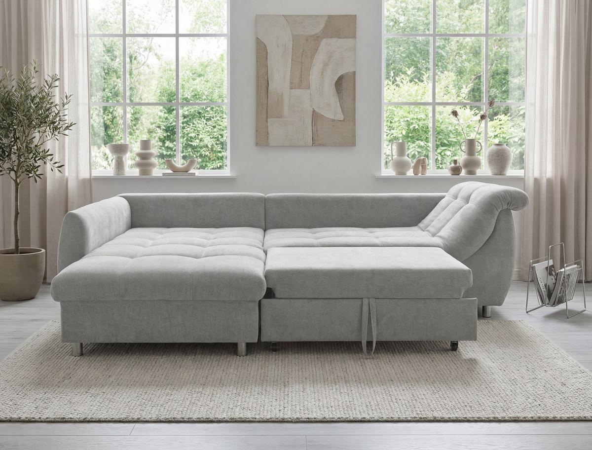ECKSOFA mit Schlaffunktion, Wellenunterfederung, Ottomane links B250/T190/H84 cm, Liegefl. 179x190 cm, Mikrofaser Grau / 17004 - Chromfarben/Grau, Textil/Metall (250/190cm) - luma-home
