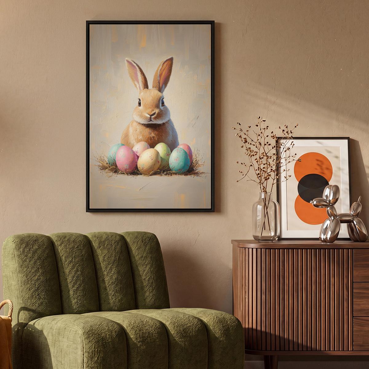 LEINWAND Bilder mit Rahmen - Osterhase - Pastell - Eier - 60x90 - Beige, Textil (60/90cm) - MuchoWow