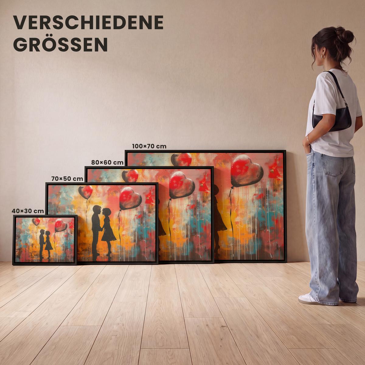LEINWAND Bilder mit Rahmen - Straßenkunst - Liebe - Graffiti - Kunst - Banksy - 100x70 - Orange, Textil (100/70cm) - MuchoWow