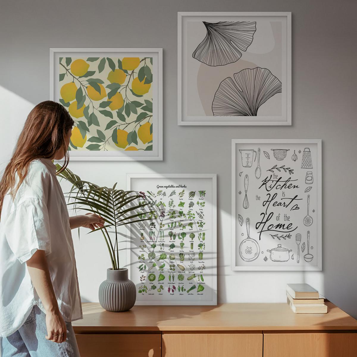 BILDER SET 4er Set - 50x50 cm & 40x60 cm Weißer Rahmen - Küchenkräuter-Zitronen-Malerei - Weiß, Kunststoff (50/50cm) - TULUP