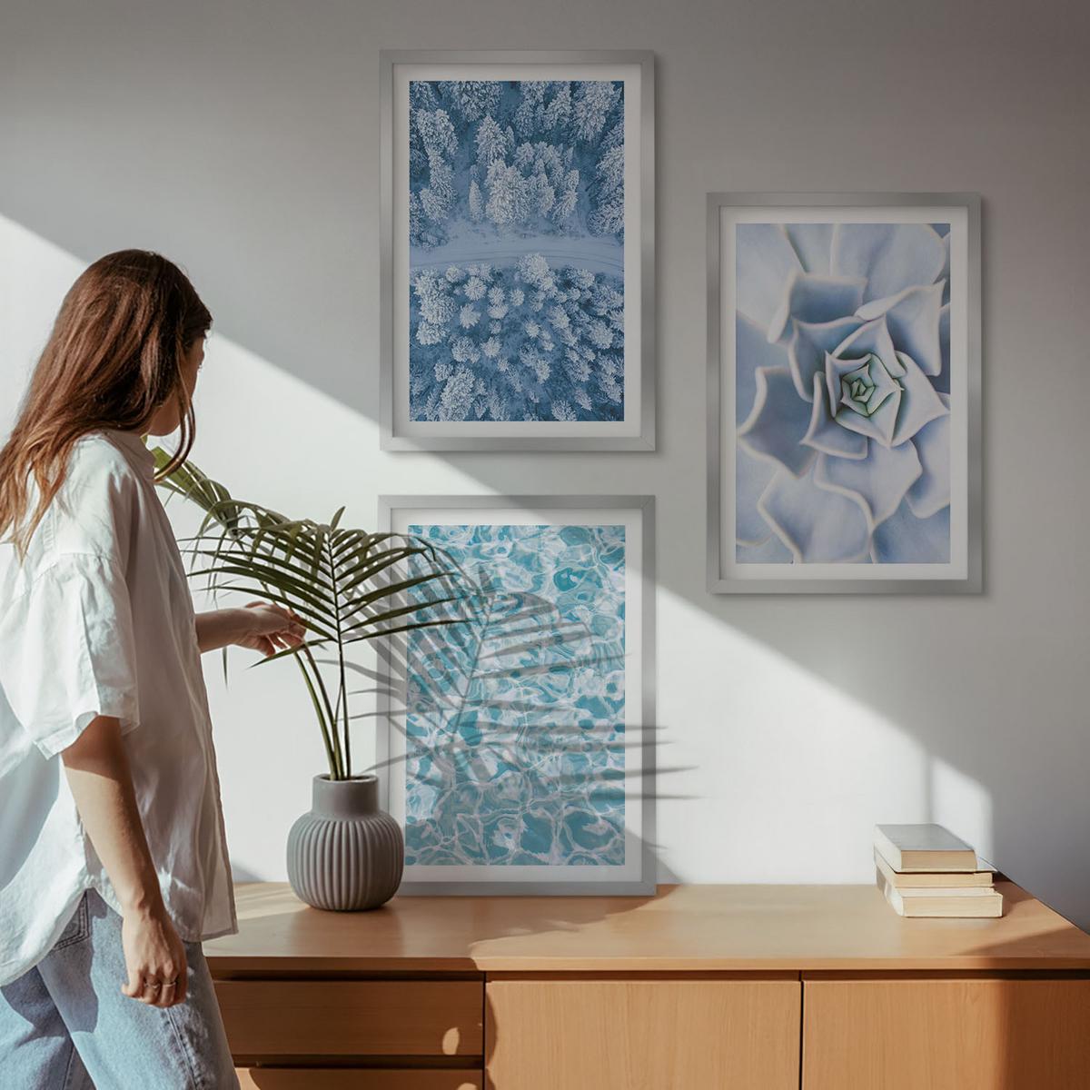 BILDER SET 3er Set - 40x60 cm Silberner Rahmen - Winterwald blaue Blume Wasser - Silberfarben, Kunststoff (40/60cm) - TULUP