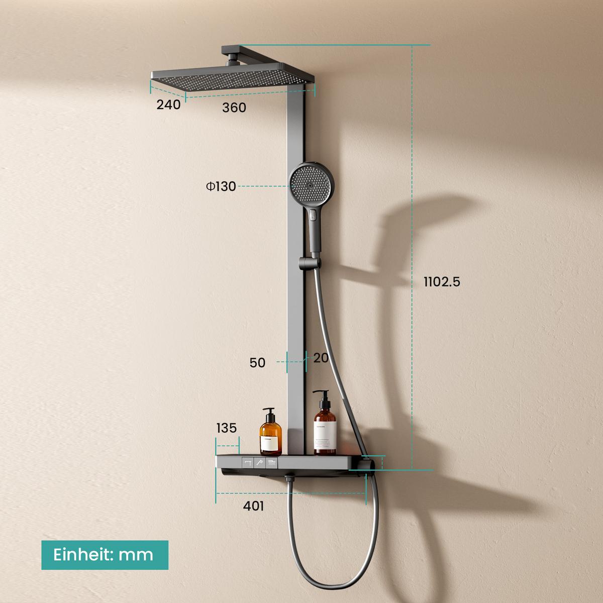 ÜBERKOPFBRAUSESET mit Thermostat 3 Auslässe Anthrazit 105/40,1/57,3 cm - Anthrazit, Metall (40/105/57cm) - EMKE