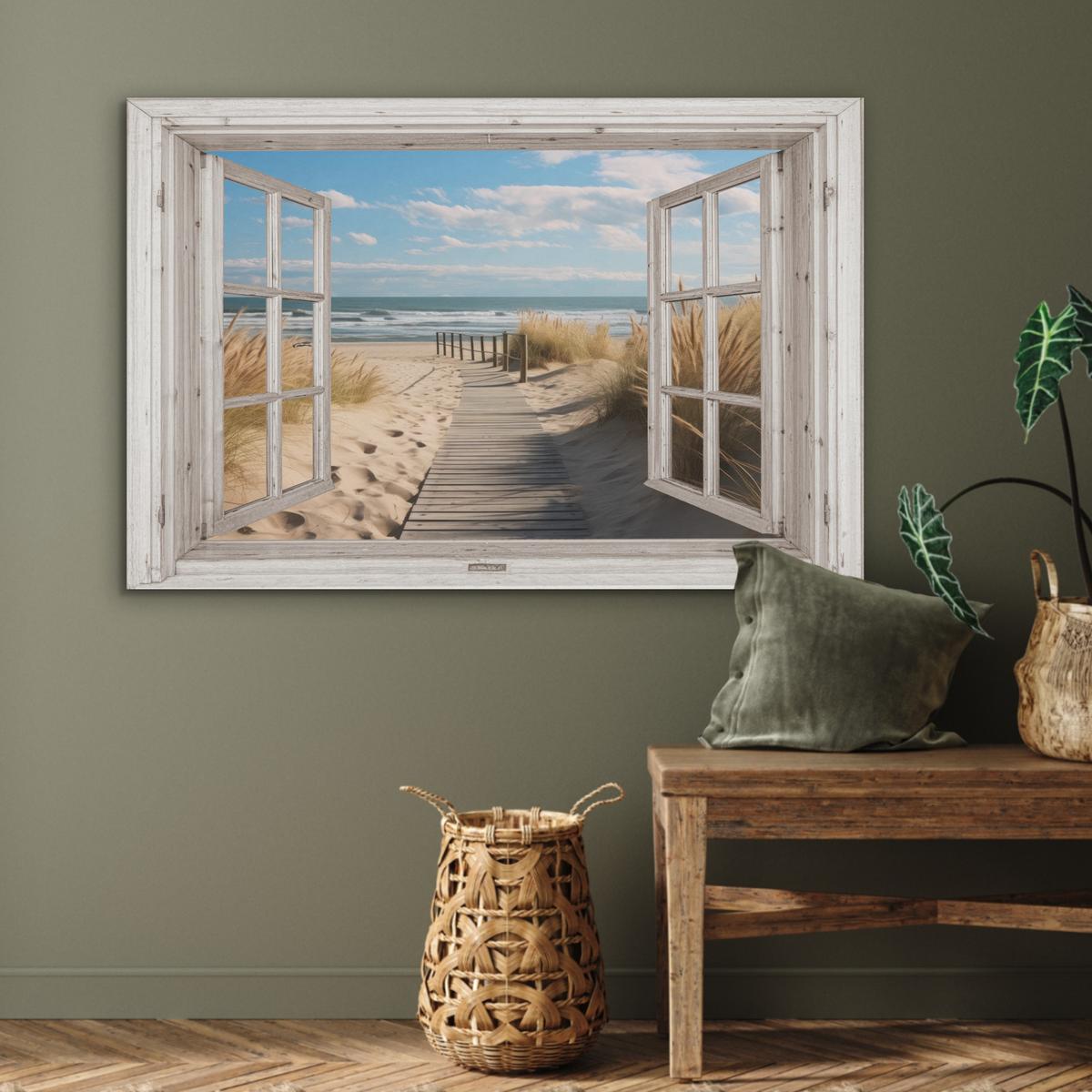 AKUSTIKBILD Fenster - Meer - Küste - Natur - Ausblick - Strand - Wattenmeer Wandbild Wohnzimmer 100x70 cm - Beige, Kunststoff (100/70/0.9cm) - MuchoWow