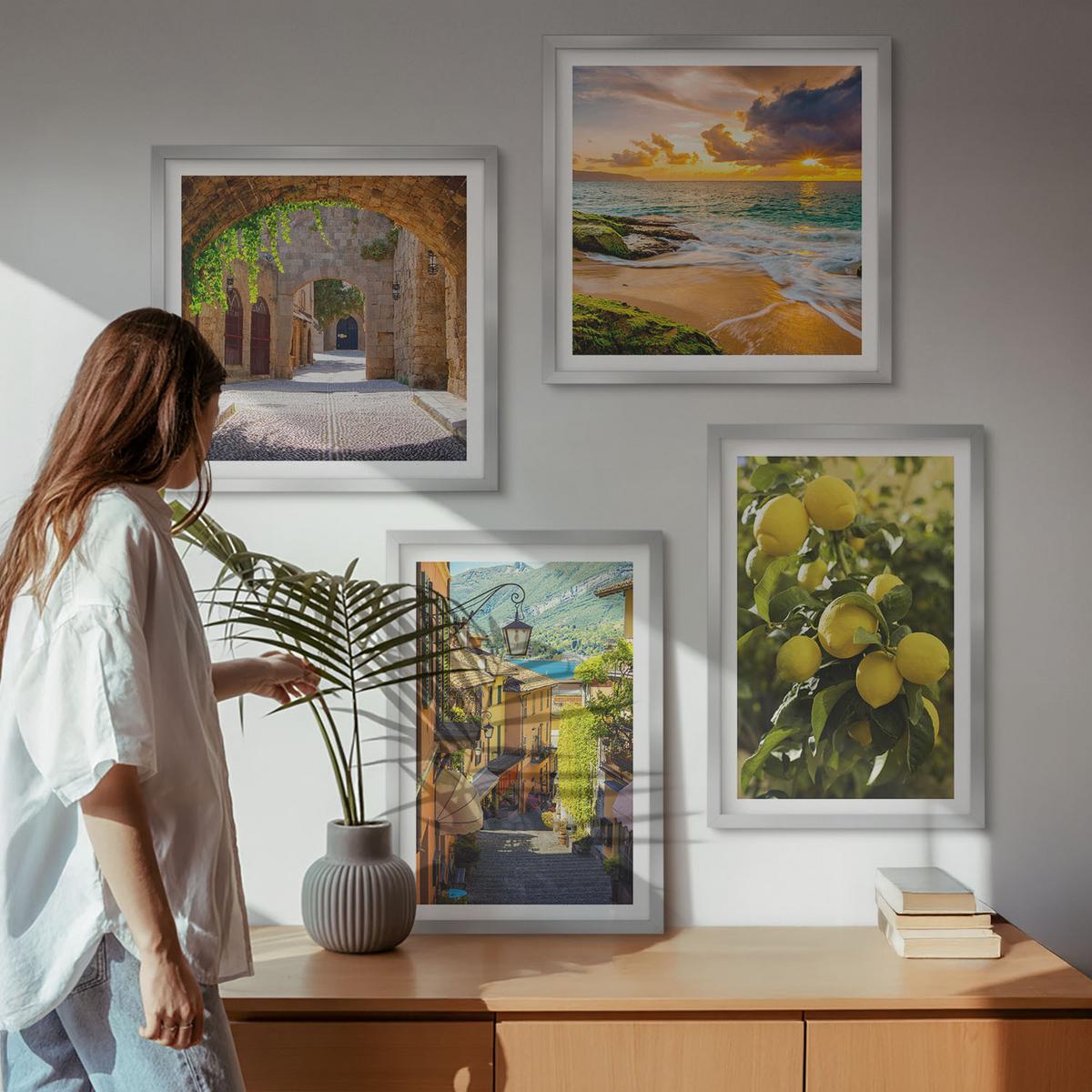 BILDER SET 4er Set - 50x50 cm & 40x60 cm Silberner Rahmen - Malerische Straßen am Meer, Strand - Silberfarben, Kunststoff (50/50cm) - TULUP