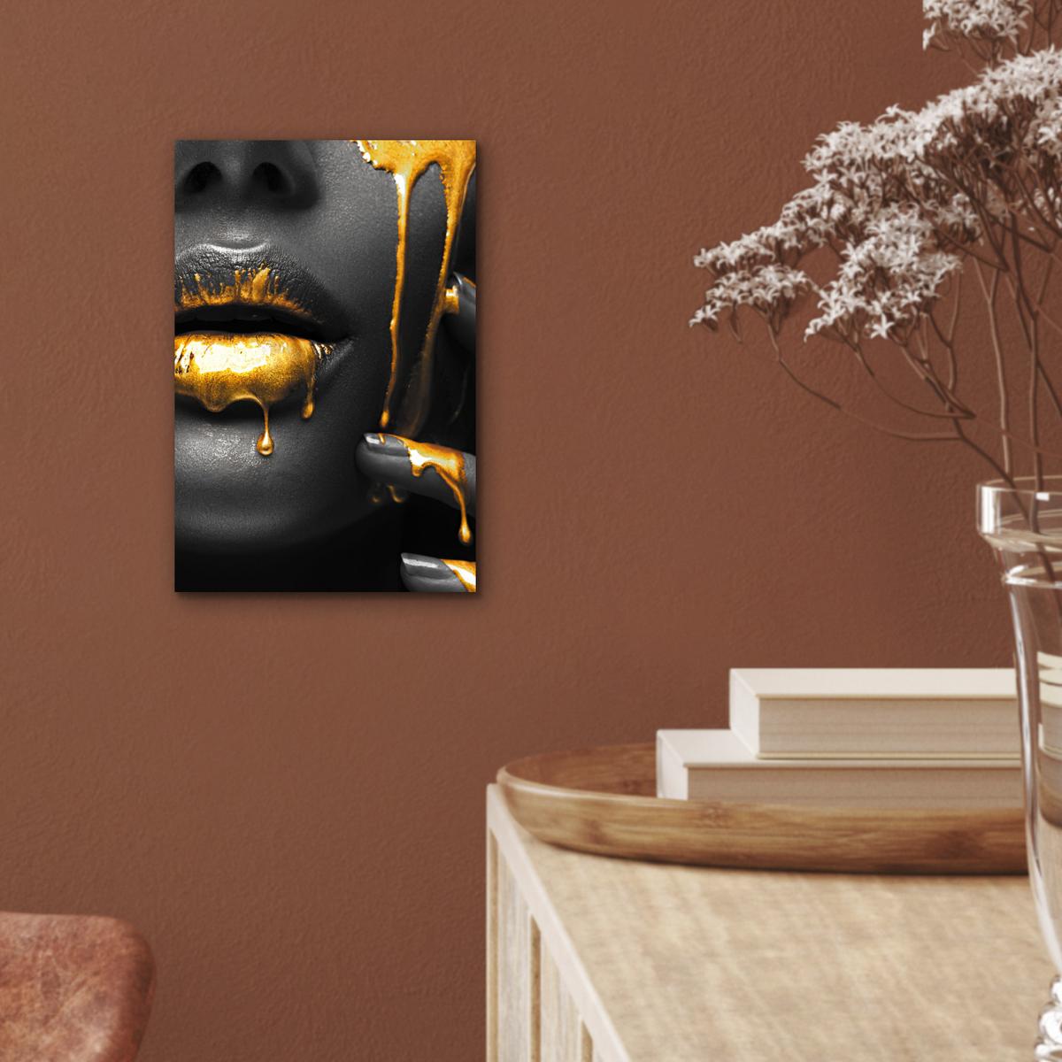 METALLBILD Frau - Schwarz - Gold - Gesicht - Lippen 20x30 cm - Goldfarben, Metall (20/30cm) - MuchoWow