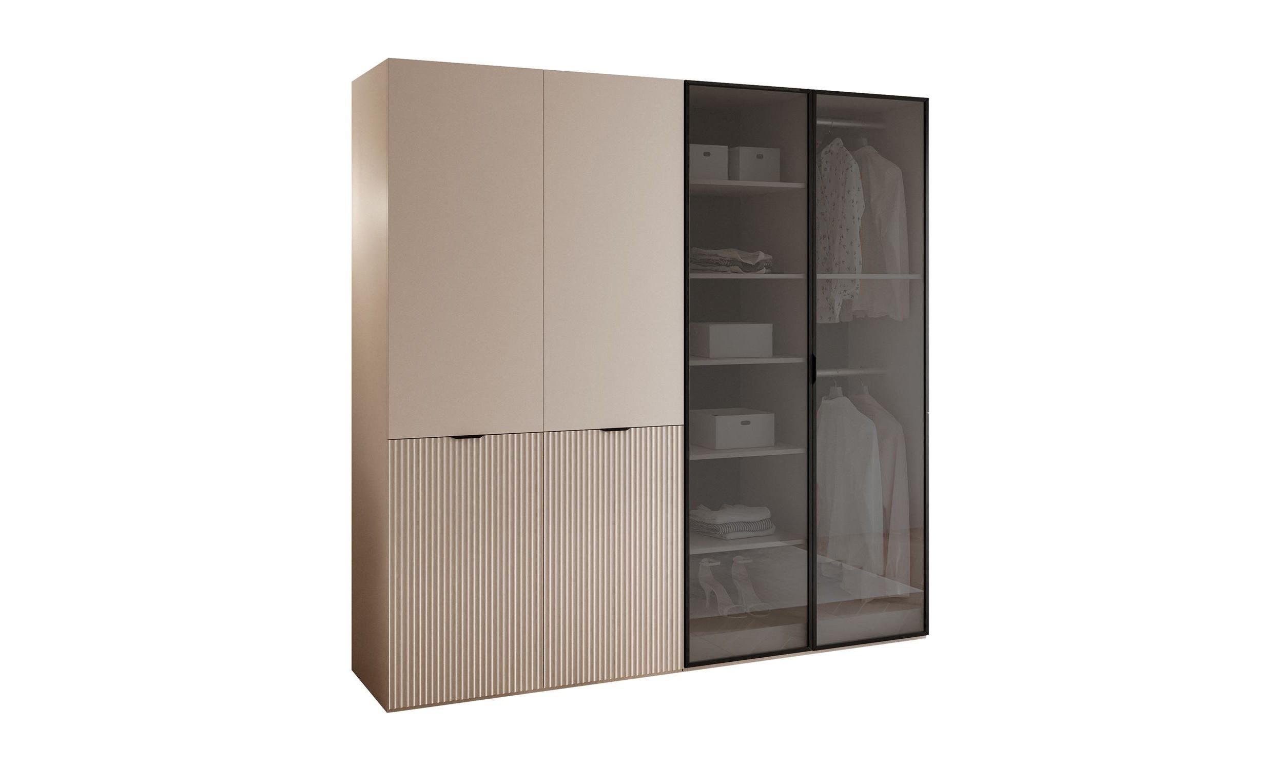 KLEIDERSCHRANK SANDBOX 200 202/49/200 cm Beige Sand / Beige Sand + Schwarzes Glas ohne LED 8 Zusatzböden - Sandfarben/Schwarz, Holzwerkstoff/Kunststoff (202/200/49cm) - Lookway