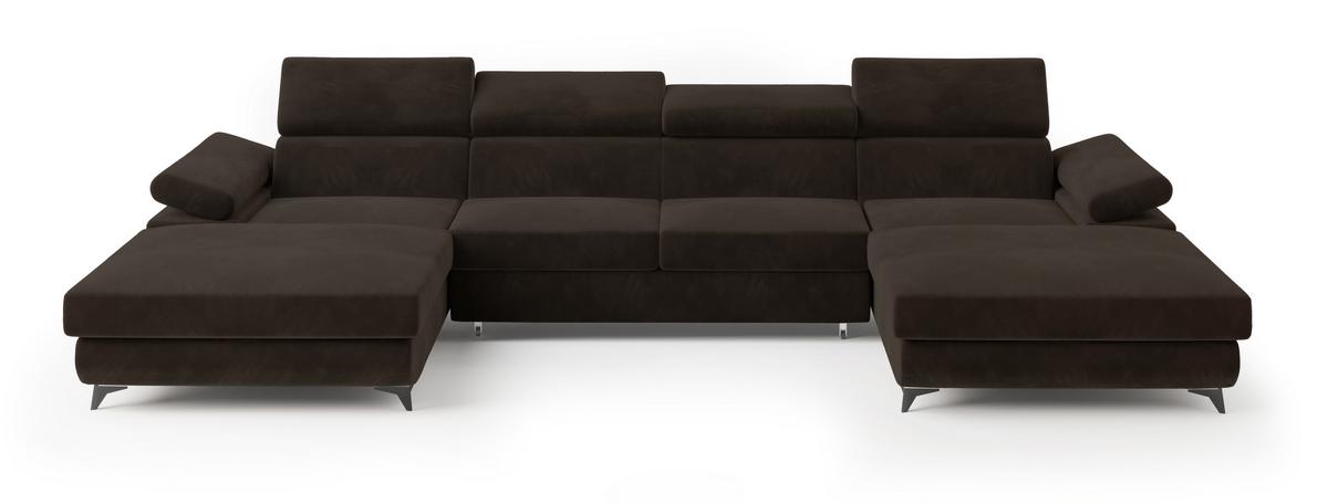 WOHNLANDSCHAFT DETTI Braun Velours-Stoff mit Schlaffunktion - Braun, Holz (339/89/190cm) - MASSENO