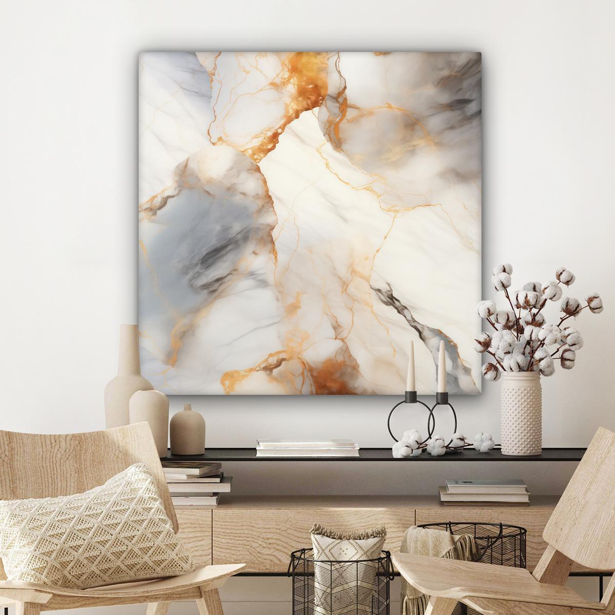 LEINWANDBILD Marmor - Grau - Gold Deko Groß 90x90 cm - Weiß, Textil (90/90cm) - MuchoWow