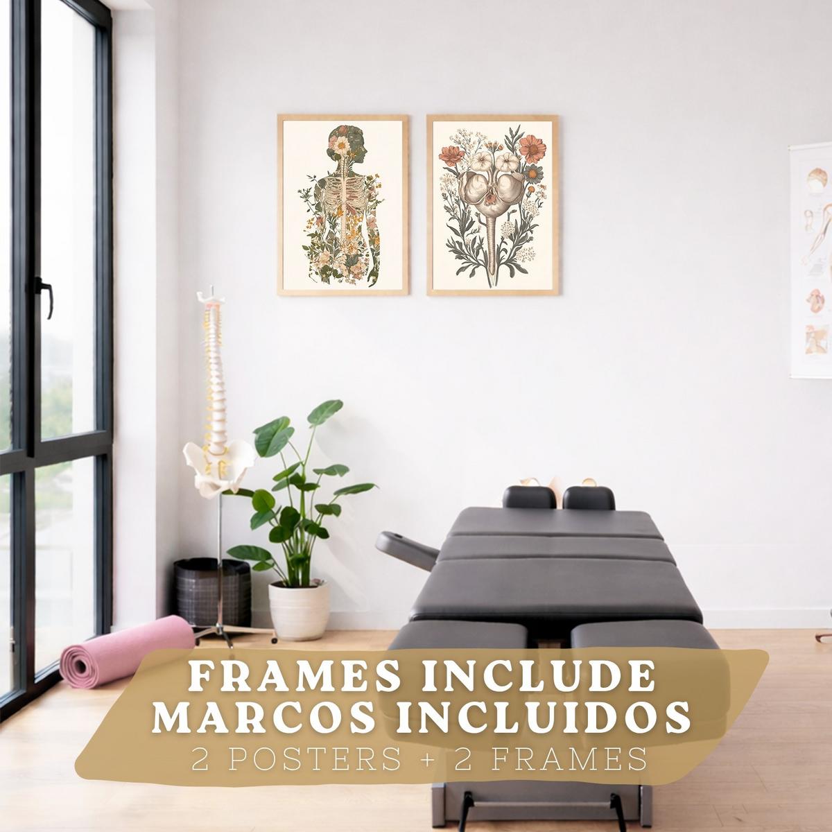 POSTER Set aus 2 Anatomie Mensch Drucke und mit Weiblicher Silhouette und Fortpflanzungssystem Botanischer Stil Größe Leichter Holzrahmen A3 - Beige, Papier (29.7/42/3cm) - Nacnic
