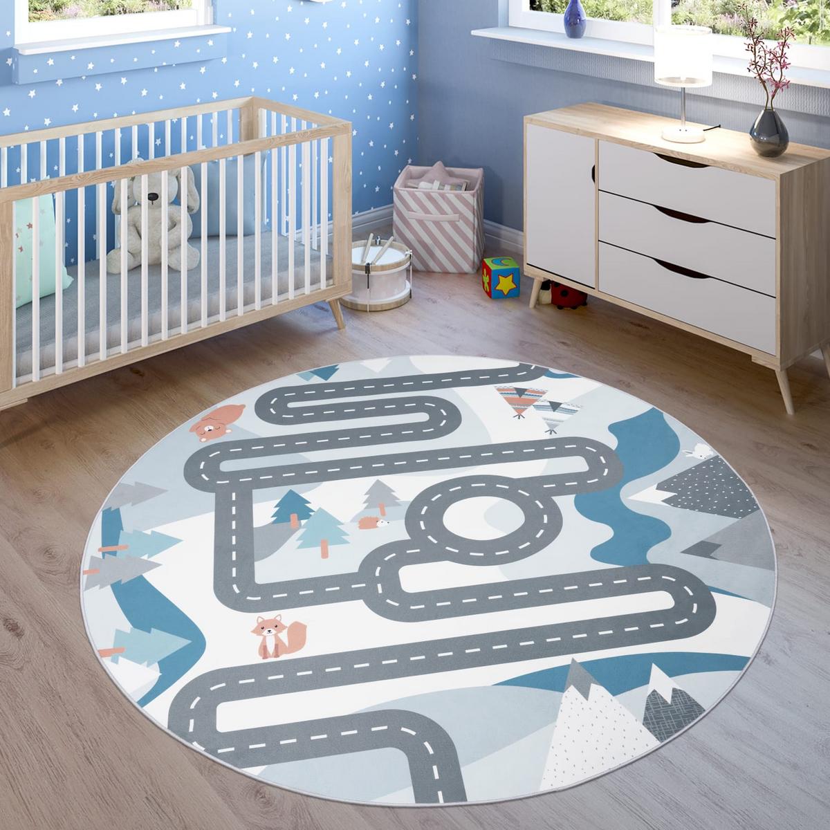 KINDERTEPPICH Waschbar, mit Wald‑Straßen-Motiv, Creme, Ø 200 cm - Creme, Textil (200/200cm) - KADIMA DESIGN