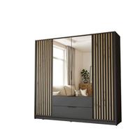 KLEIDERSCHRANK NELA, viertürig mit Lamellen und Spiegel, 206 cm, Graphit/Artisan - Graphitfarben, Holzwerkstoff (206/200/51cm) - Lookway