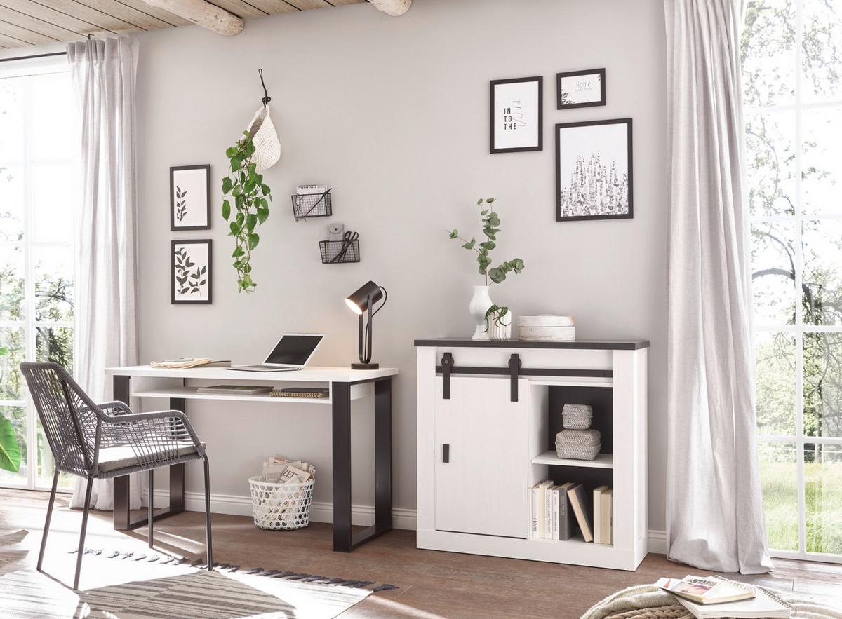 BÜROMÖBEL-SET weiß Pinie, anthrazit Landhaus, Kombination mit Aktenschrank - Anthrazit/Weiß, Holzwerkstoff/Metall (60/220/91cm) - Furn.Design
