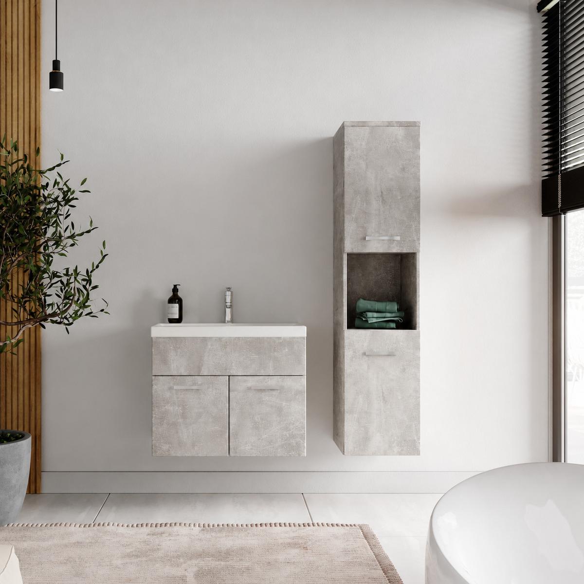 BADMÖBEL-SET Montreal 3 Teile Beton Grau - 60 x 35 x 51 cm - Grau, Holz (60/51/35cm) - Badplaats
