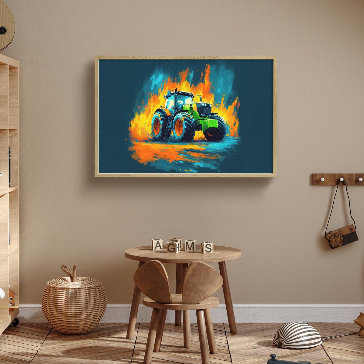 WANDLEUCHTE MIT AKKU Abstrakt - Traktor - Grün 90x60 cm - Dunkelblau, Holzwerkstoff (90/60/8cm) - OnlyWow