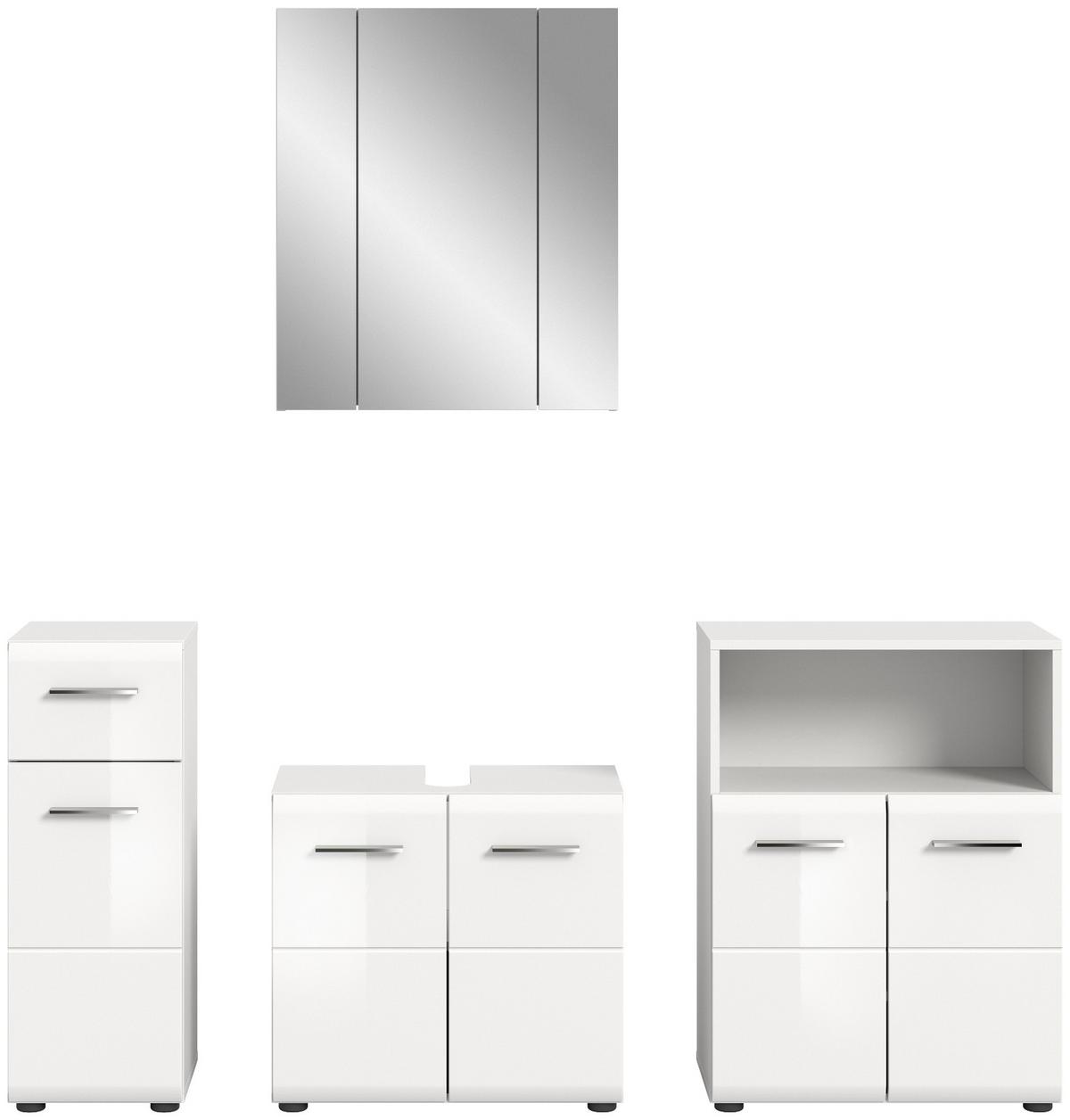 BADMÖBEL-SET weiß Hochglanz, Badkombination 4-teilig 180 cm - Weiß Hochglanz/Silberfarben, Glas/Holzwerkstoff (180/185/30cm) - Inn.Furn