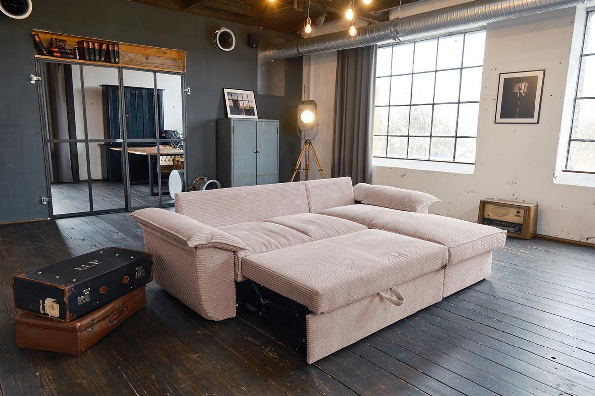 ECKSOFA DAMETO Pink Cord Mit Schlaffunktion - Pink/Schwarz, Kunststoff/Textil (266/174cm) - KAWOLA