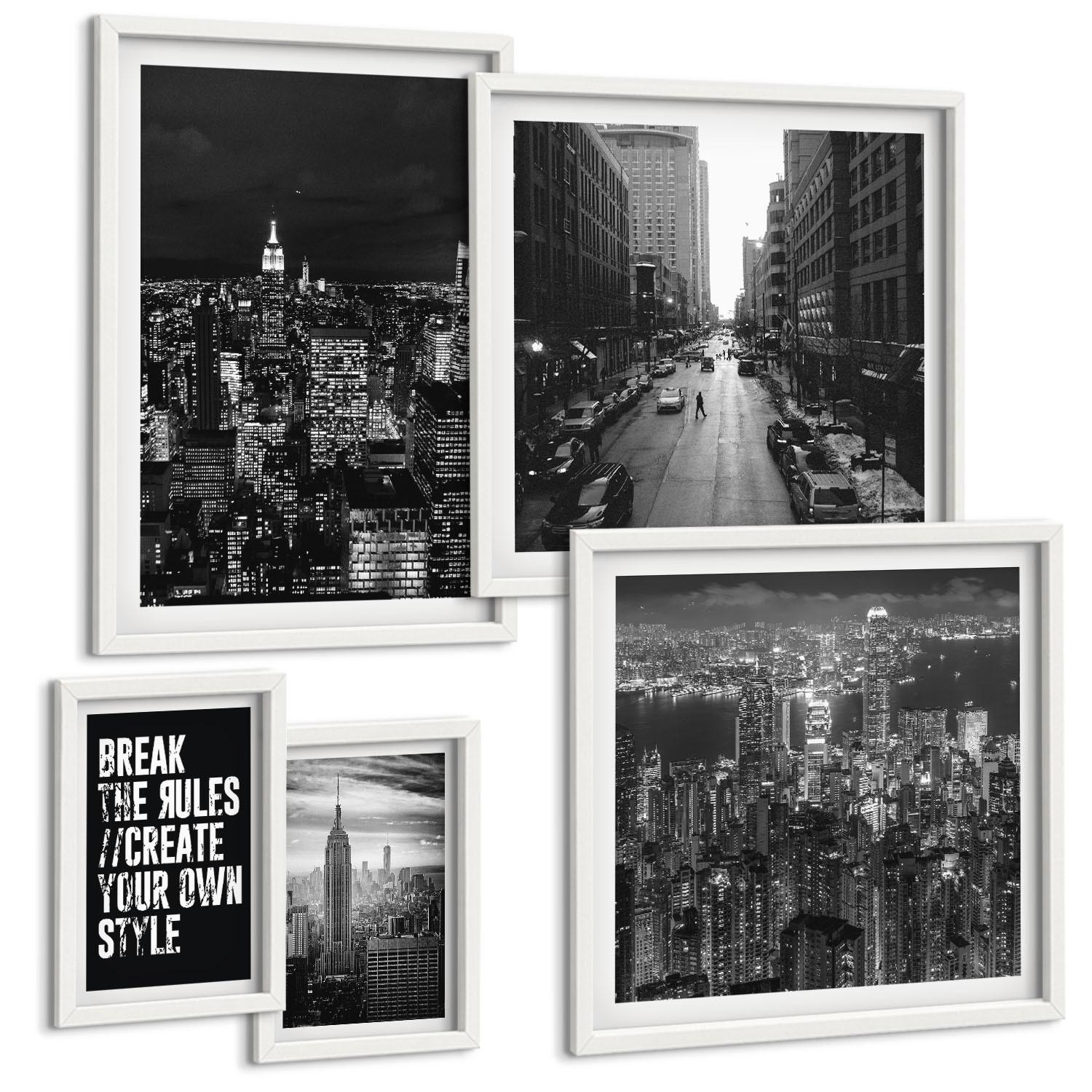 BILDER SET 5er Set - 50x50 cm & 20x30 cm & 40x60 cm Weißer Rahmen - Inspiration für Schwarz-Weiß-Darstellungen von Stadtstraßen - Weiß, Kunststoff (40/60cm) - TULUP