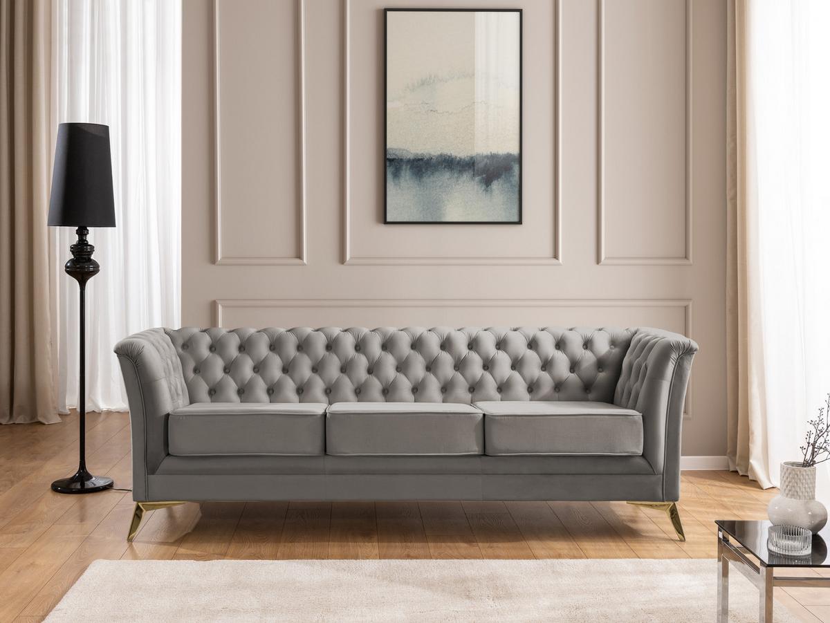 SITZGARNITUR 3+2 Chesterfield Whitby Grau Samt mit goldenen Füßen - Goldfarben/Grau, Holz/Textil (237/78/82cm) - S-Style Möbel