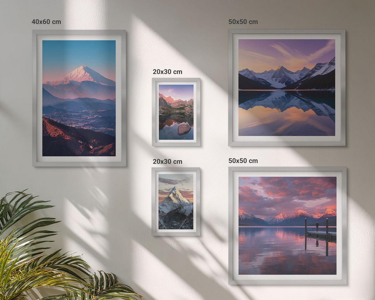 BILDER SET 5er Set - 50x50 cm & 20x30 cm & 40x60 cm Silberner Rahmen - Nachtstadt mit Neonlichtern - Silberfarben, Kunststoff (40/60cm) - TULUP