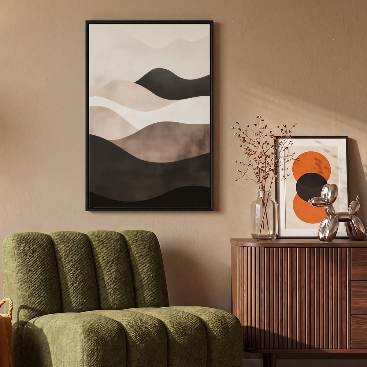 LEINWAND Bilder mit Rahmen - Abstrakt - Landschaft - Wellen - Cremefarben - 60x90 - Cappuccino, Textil (60/90cm) - MuchoWow