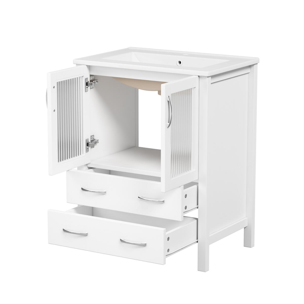 WASCHTISCHUNTERSCHRANK Hochglanz-Weiß mit Keramikbecken & Riffelglas - Weiß, Holzwerkstoff (61/86/47cm) - Urban Meuble