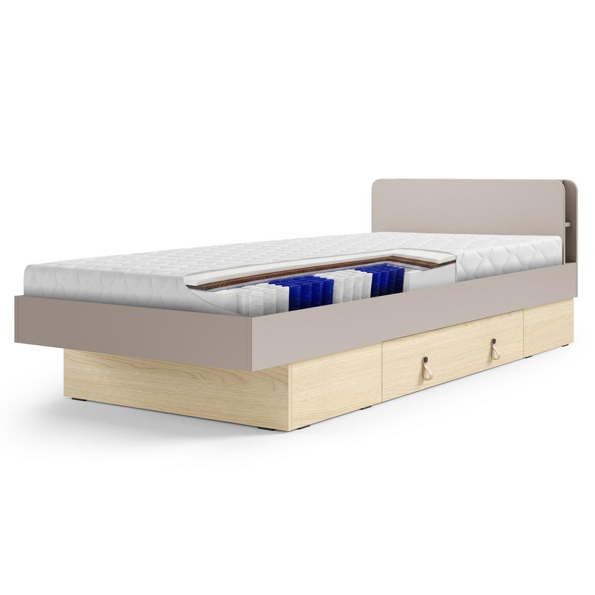 BETT Sorella 90x200 cm mit Lattenrost und Bettkasten-Schublade, mit Matratze 26 cm, Porcini + Eiche Mavelie - Eichefarben/Cappuccino, Leder/Holzwerkstoff (90/200cm) - Beautysofa