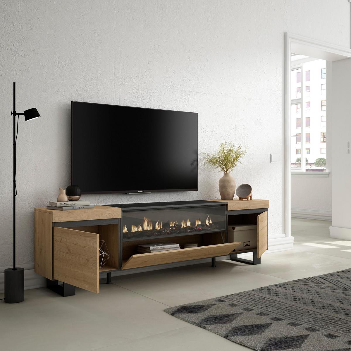 LOWBOARD mit Elektrokamin, Eiche, Schwarz, 200/35/57cm - Eichefarben/Schwarz, Holzwerkstoff (200/57/35cm) - Skraut Home