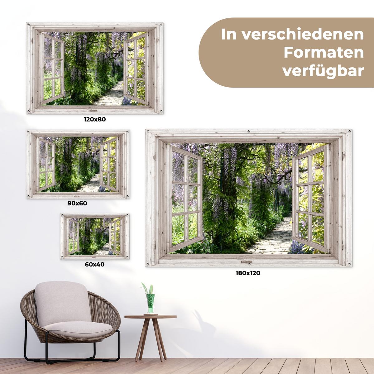GARTENPOSTER Blauer Regen - Blumen - Aussicht - Baum - Frühling Poster für draußen 180x120 cm - Beige, Kunststoff (180/120/0.2cm) - OnlyWow