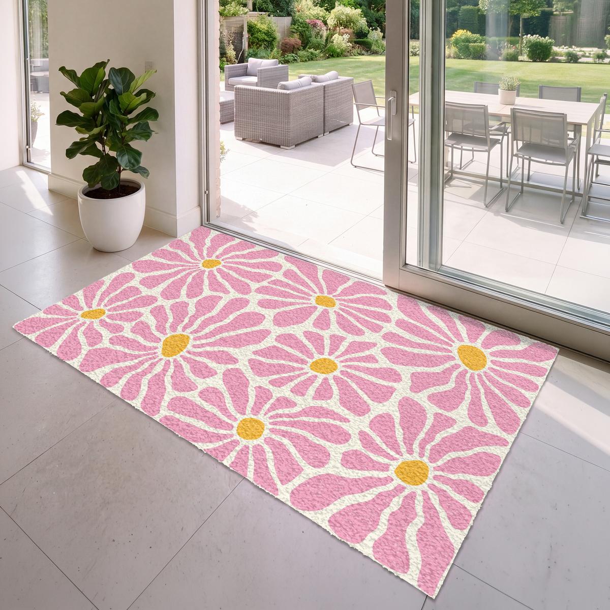 FUSSMATTE Blumen - Muster - Rosa - Beige - Orange Sauberlaufmatte 180x120 cm - Rosa, Kunststoff (180/0.4cm) - MuchoWow