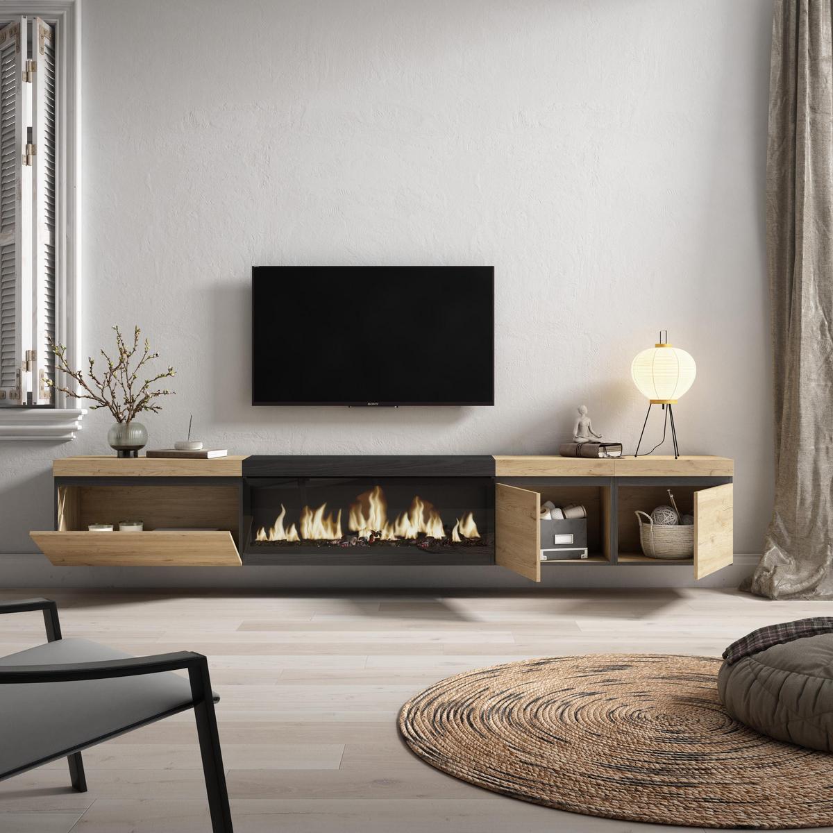 LOWBOARD, mit Elektrokamin XXL, Hängend, Eiche, Schwarz, 288/35/45cm - Eichefarben/Beige, Holzwerkstoff (288/45/35cm) - Skraut Home