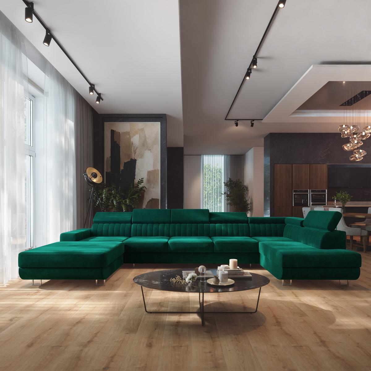 WOHNLANDSCHAFT GAIAN Grün Velours-Stoff mit Schlaffunktion - Grün, Holz (412/88/190cm) - MASSENO