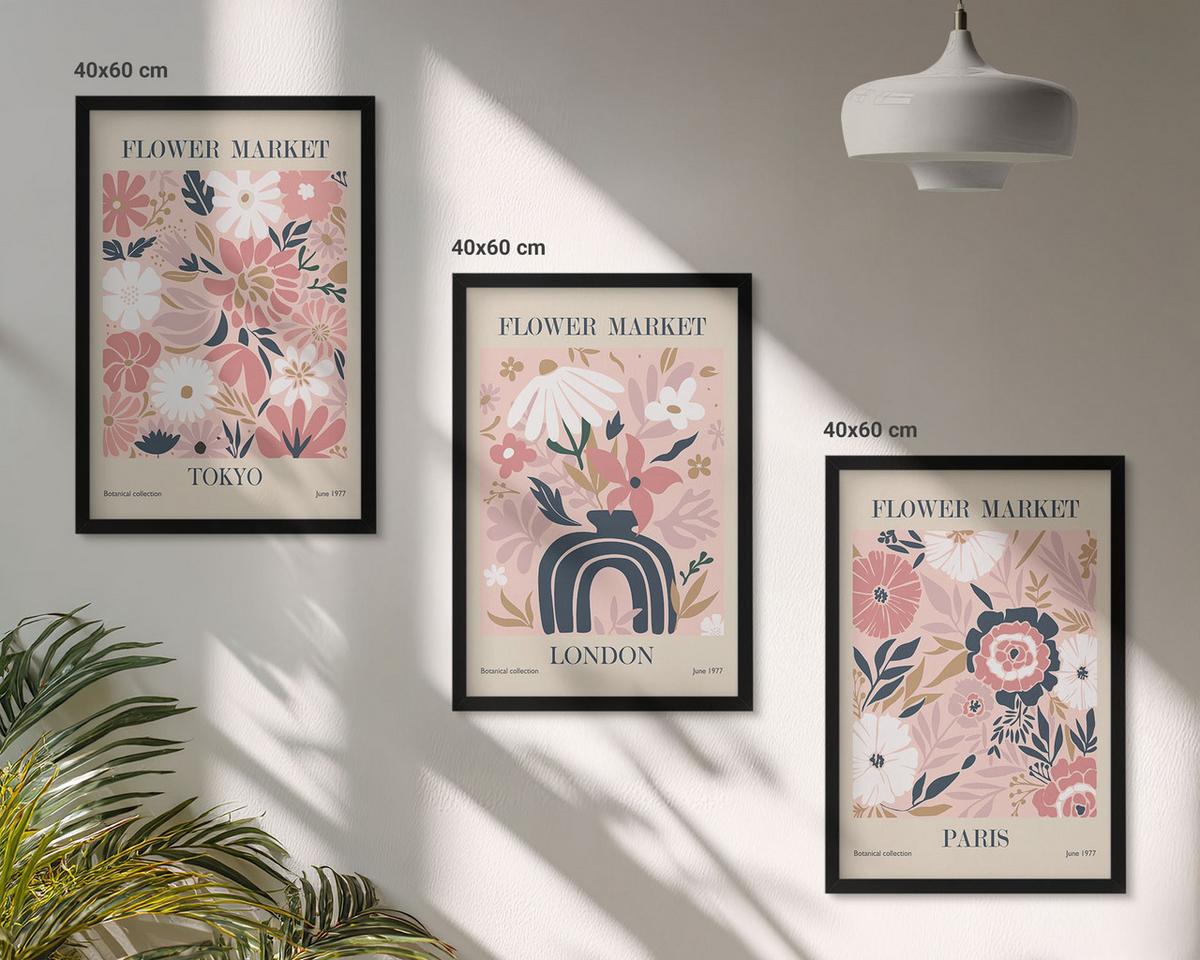 BILDER SET 3er Set - 40x60 cm Schwarzer Rahmen - Blumenmotive Tokio London Paris - Schwarz, Kunststoff (40/60cm) - TULUP