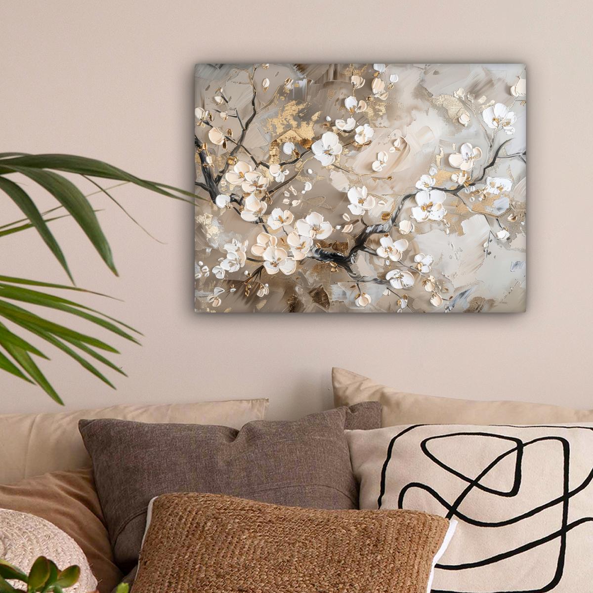 LEINWANDBILD Blumen - Weiß - Gold - Beige - Luxus Wandbild 40x30 cm - Greige, Textil (40/30cm) - MuchoWow
