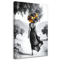 LEINWANDBILD Frau mit Früchten auf dem Kopf 70x100cm - Schwarz, Textil (70/100cm) - Feeby