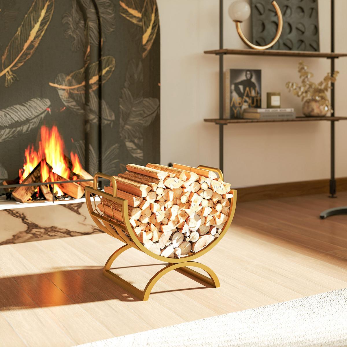 KAMINHOLZREGAL für innen 46 x 36 x 41cm Brennholzregal für Kamin Ofen Gold - Goldfarben, Metall (36/41/46cm) - Outsunny