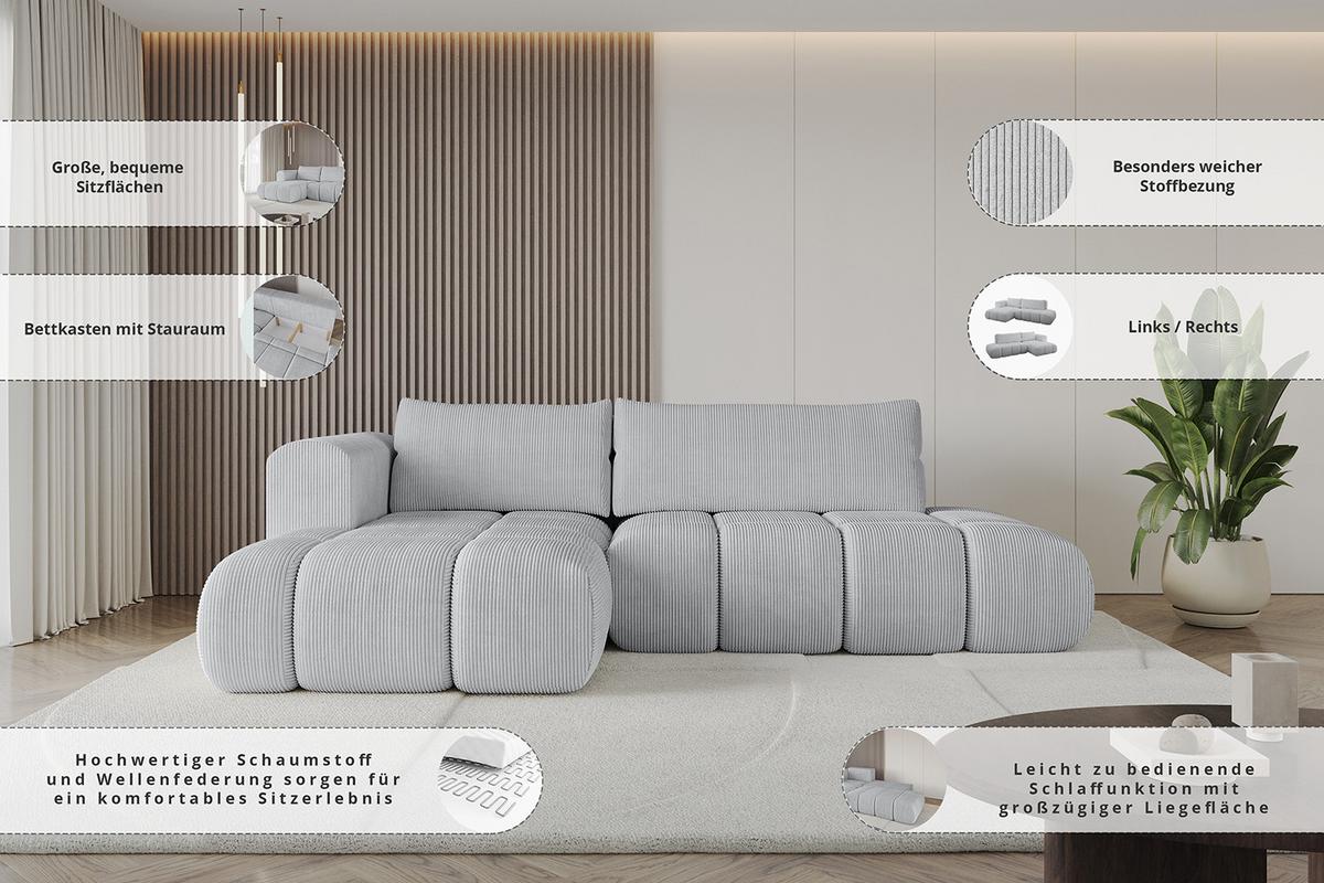 ECKSOFA Ottomane Links CLOUD-L 280x185x90 Schwarz Velours - Schwarz, Holzwerkstoff/Kunststoff (180/289cm) - ALTDECOR